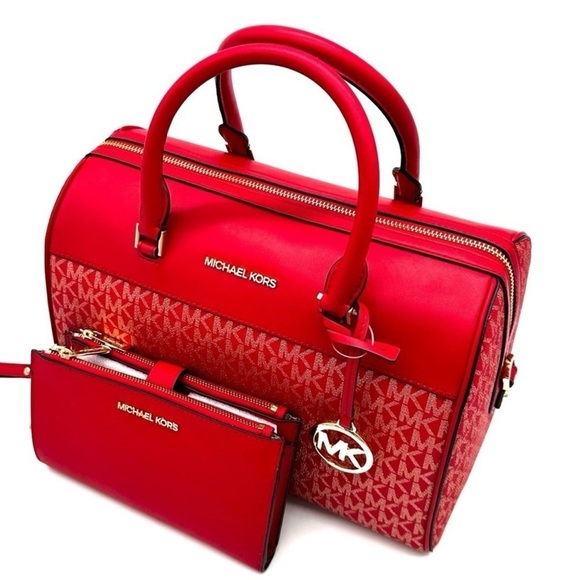 Michael Kors Medium Duffle Satchel Crossbody Bag & Large Double Zip Wallet Red - Picture 12 of 15
